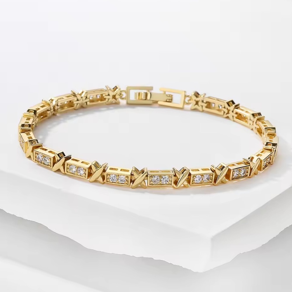 Classic Tennis 18K Gold Stainless Steel Links Crystal Bracelet